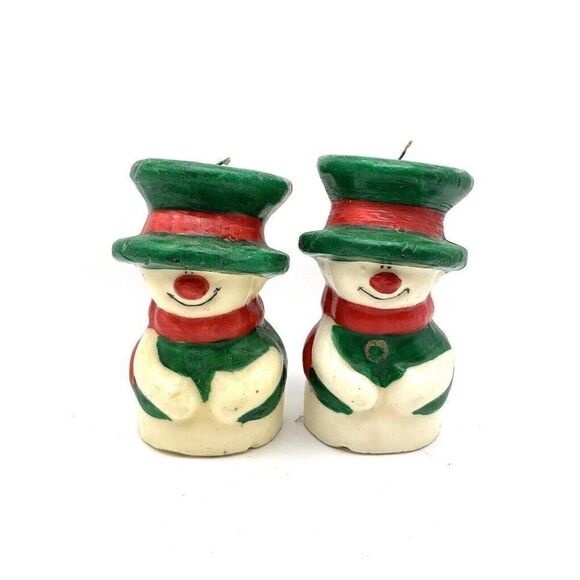 2 Vintage Wax Candles Snowman Green Top Hat - Picture 1 of 9